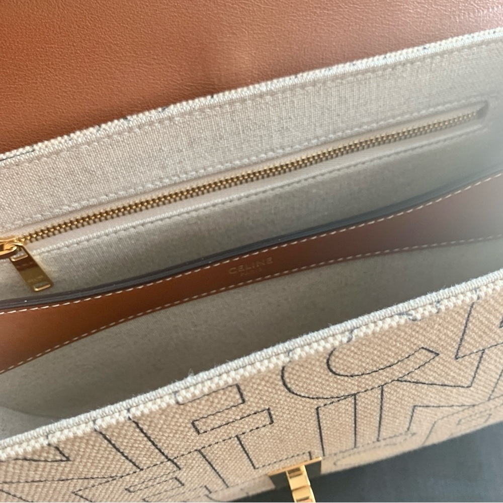 🌟 CELINE Teen Soft 16 Crossbody Bag in Textile Logo and Natural Tan Leather - Picture 10 of 16